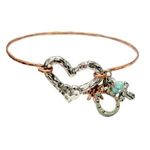 Tri-color Copper Silver Turquoise Artisan Heart Motif Charm Dangle Bracelet